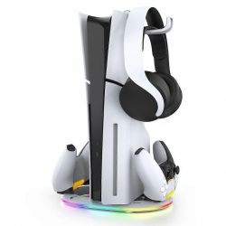 SUPPORT DE CONSOLE RGB VERTICALAVEC CONTROLEUR ET SUPPORT DE CASQUE POUR PS5 ET PS5 SLIM NOIR